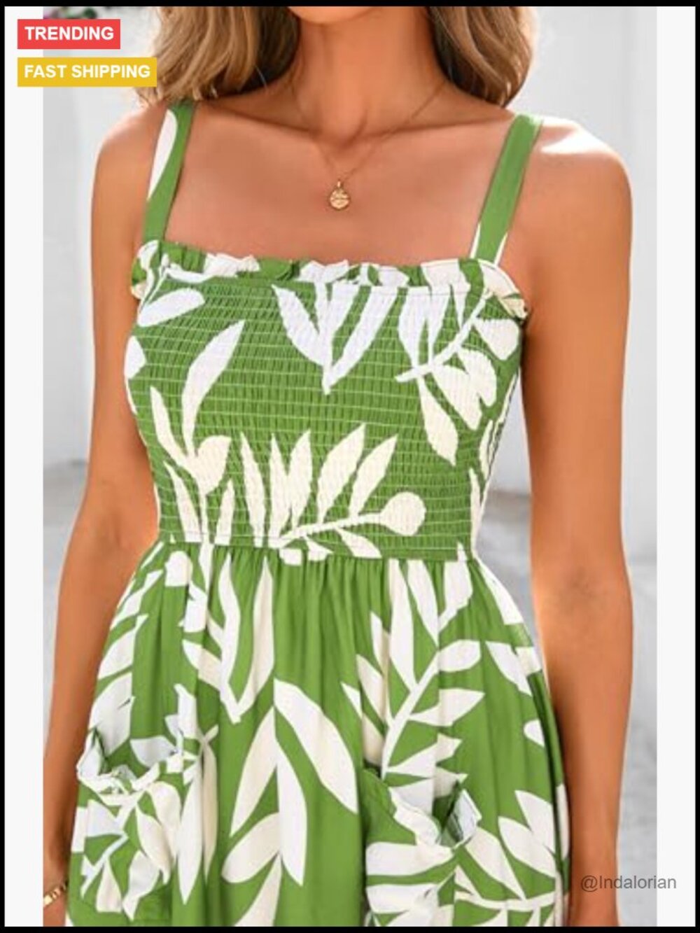 Women's Floral Print Smocked Maxi Dress with Pockets Adjustable Straps - Picture 4 of 7